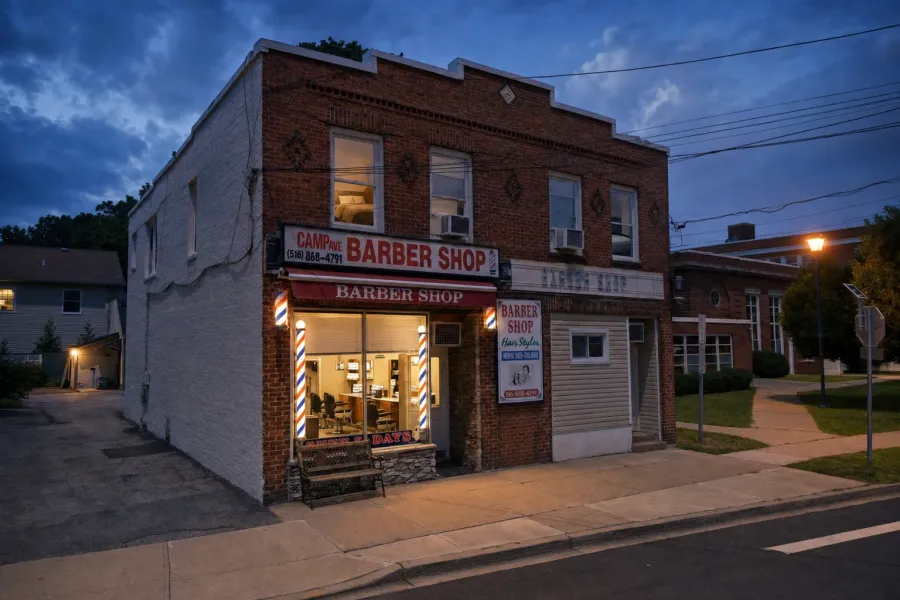 Camp Ave Barbershop in Merrick at dusk — windows glowing, barber poles lit